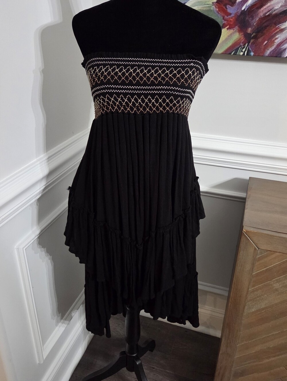 Surf Gypsy Strapless Smocked Tiered Midi Dress Black Size Small Boho Festival